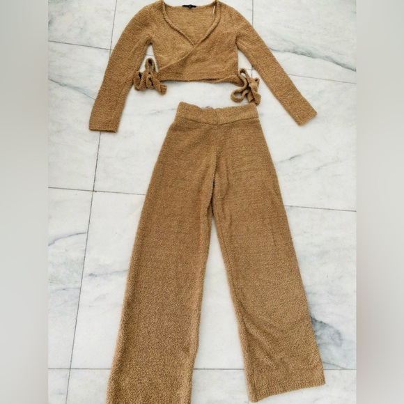 Dynamite Lounge Set 3 Piece Wide Leg Robe Pants Top Boucle Brown Women S/M Cozy - Picture 2 of 15
